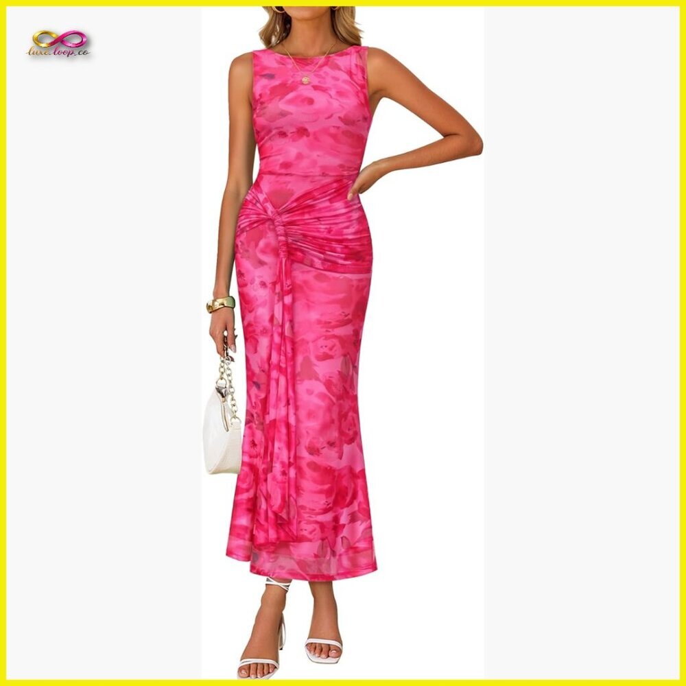 Sleeveless Bodycon Maxi Dress Ruched Mesh Cocktail Party Wedding Guest